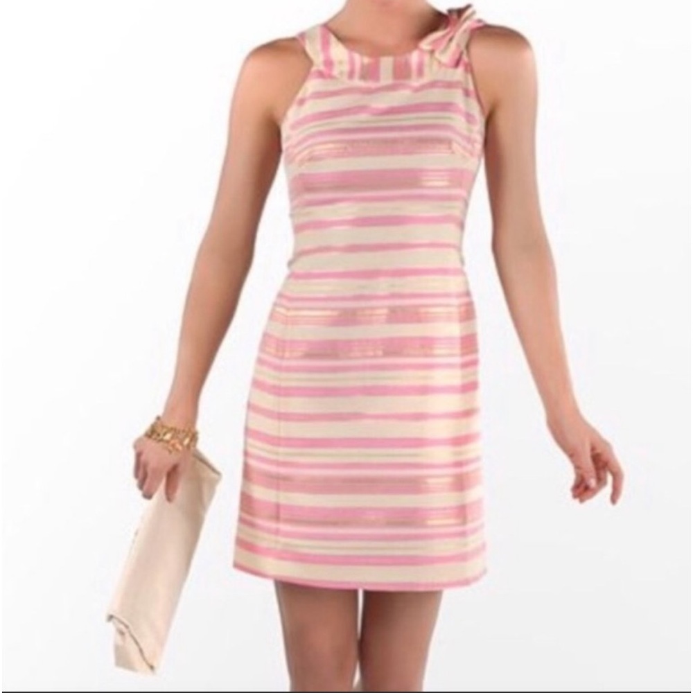 Lilly Pulitzer Elias Pink Gold Metallic Striped Mini Dress Shoulder Bow size 2